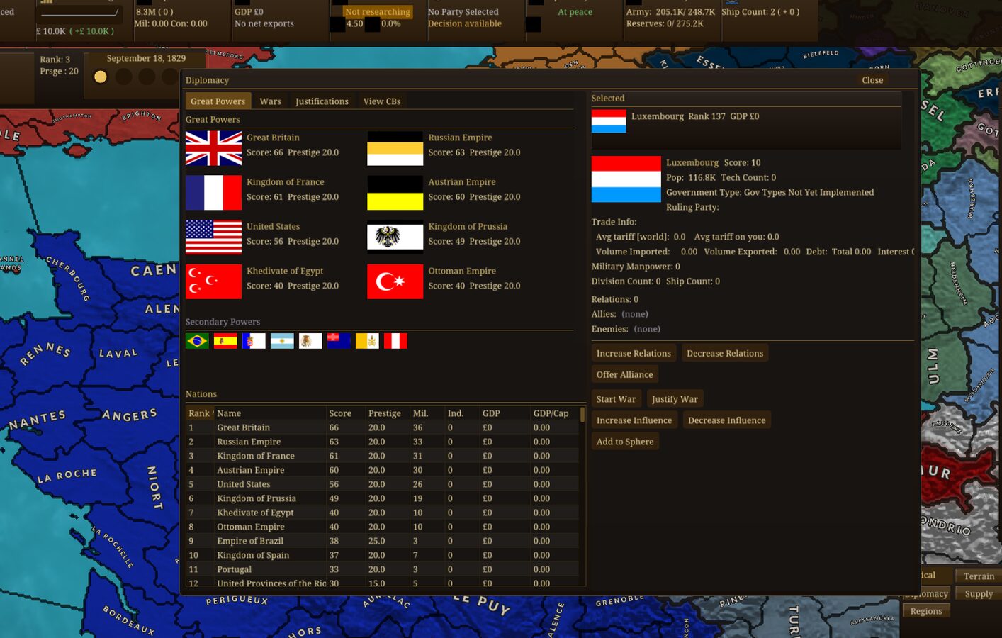 Diplomacy screen showing relations between nations over the world map