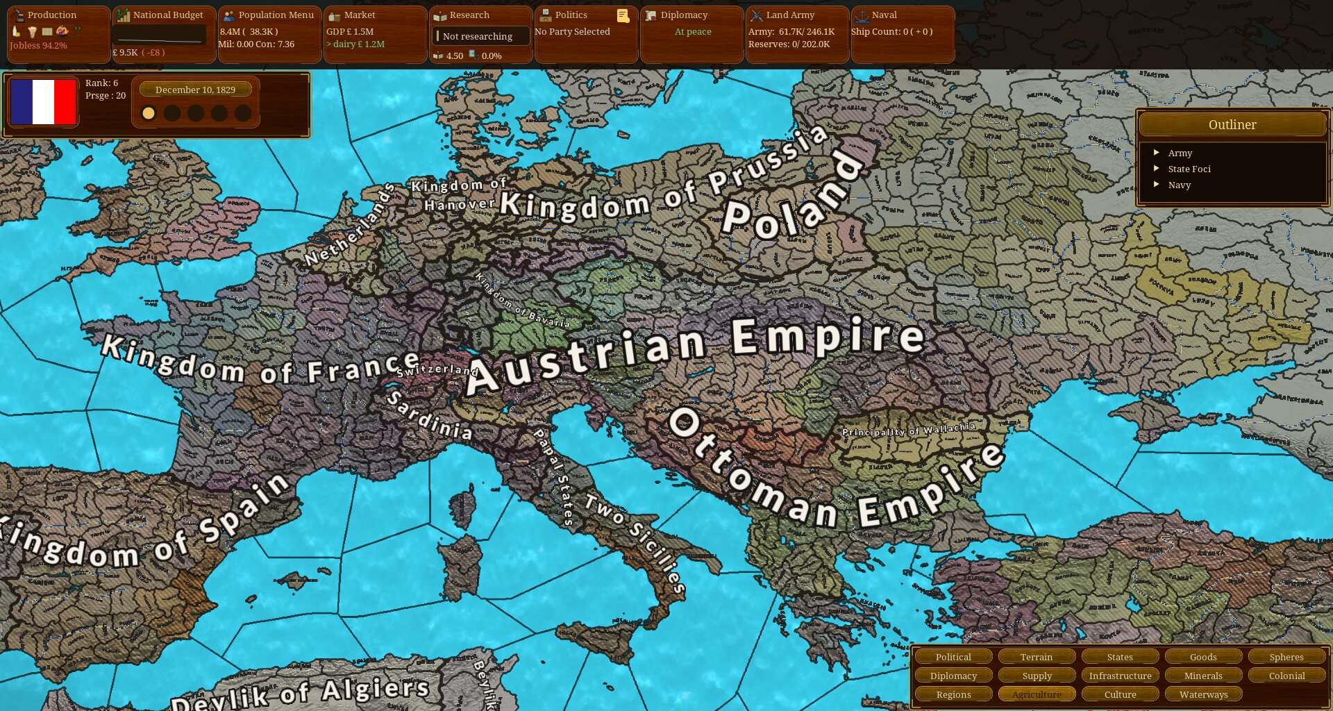 Agriculture map of Europe showing farmland and crop regions