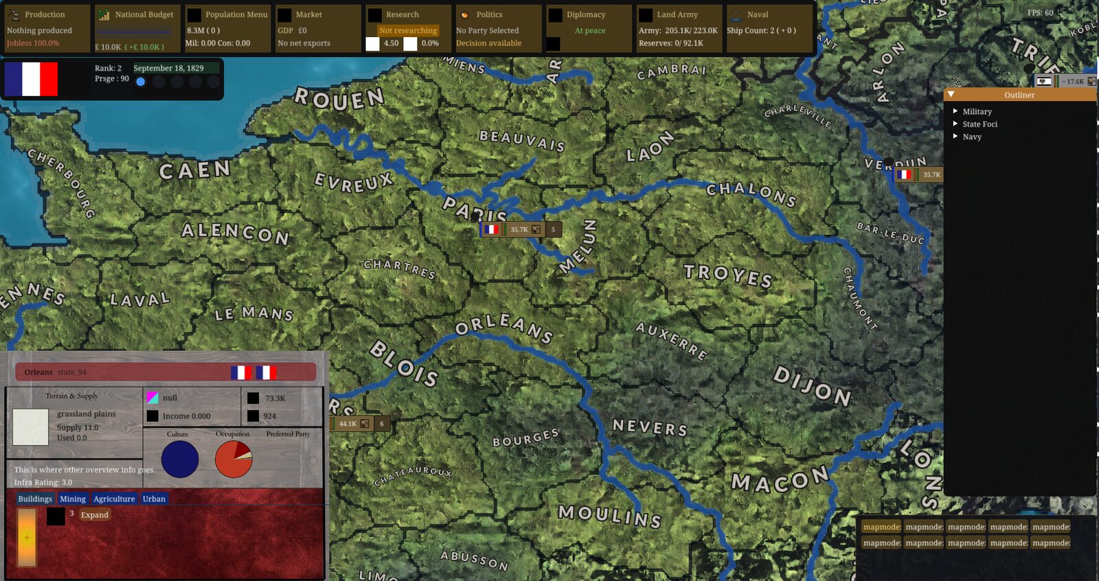 Detailed terrain map of France with military units and management panels
